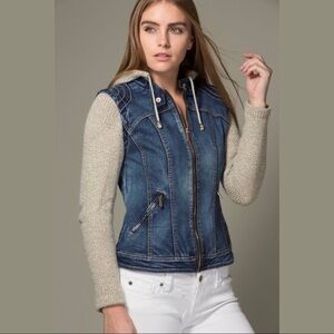 Hooded Knit Sleeve Denim Jacket/Vest